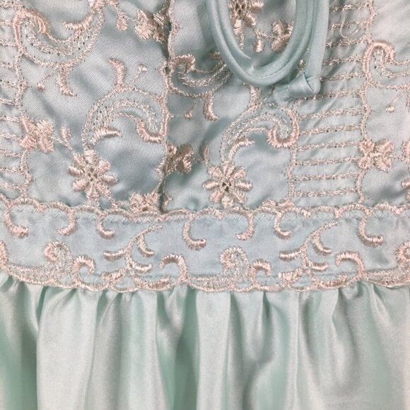Vintage Barbizon Chemise Robe Set Womens M Mint Green Embroidery Satin Liquid - Picture 10 of 15